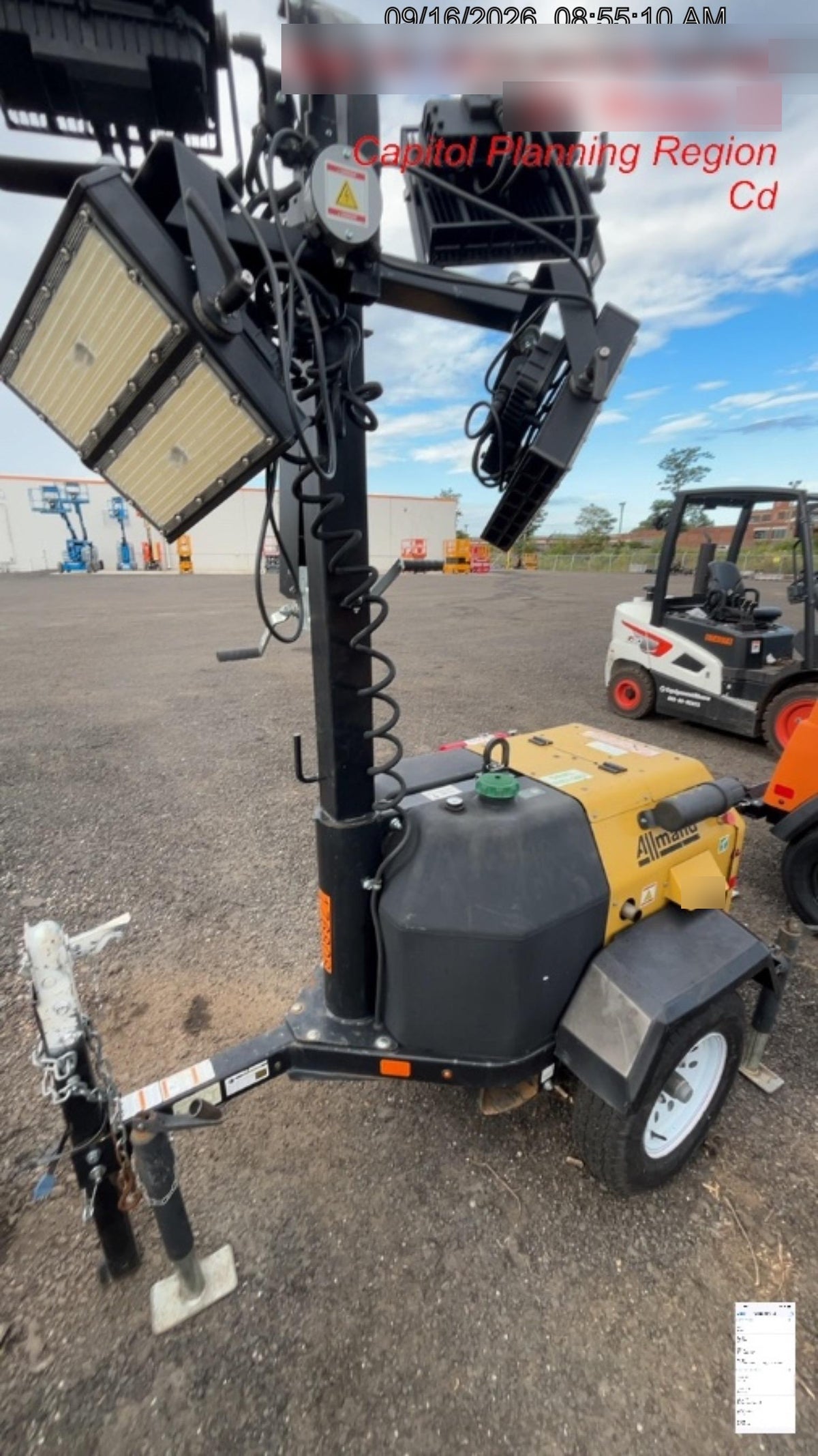 Allmand NLV3GR (4) LED Light Fixture 350W, 23' Vertical Mast, 3kW Prime, Towable, Deep Sea L401, Leveling Jacks, Yanmar T4F 5.8hp