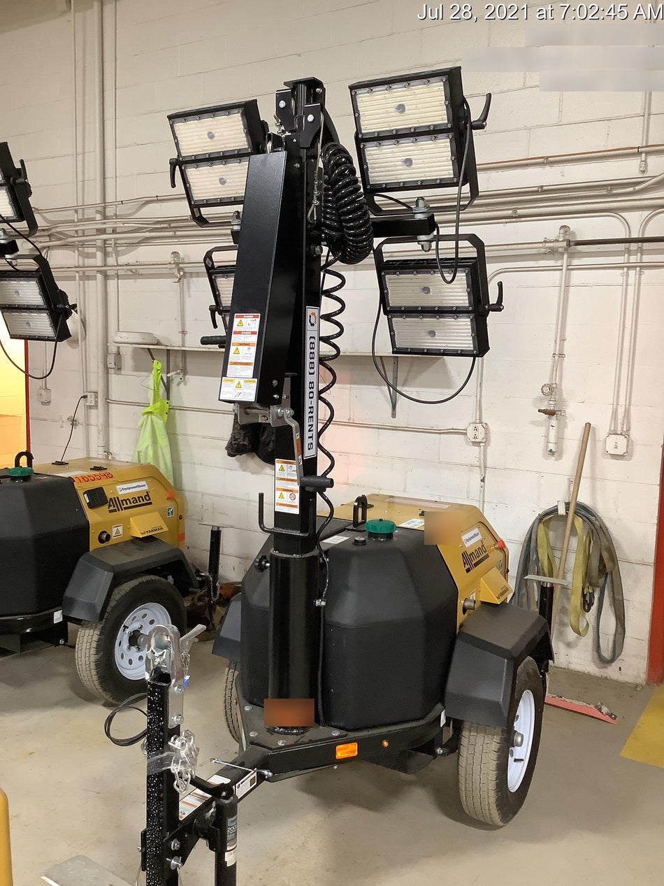 2021 Allmand NLV3GR (4) LED Light Fixture 350W, 23' Vertical Mast, 3kW Prime, Towable, Deep Sea L401, Leveling Jacks, Yanmar T4F 5.8hp