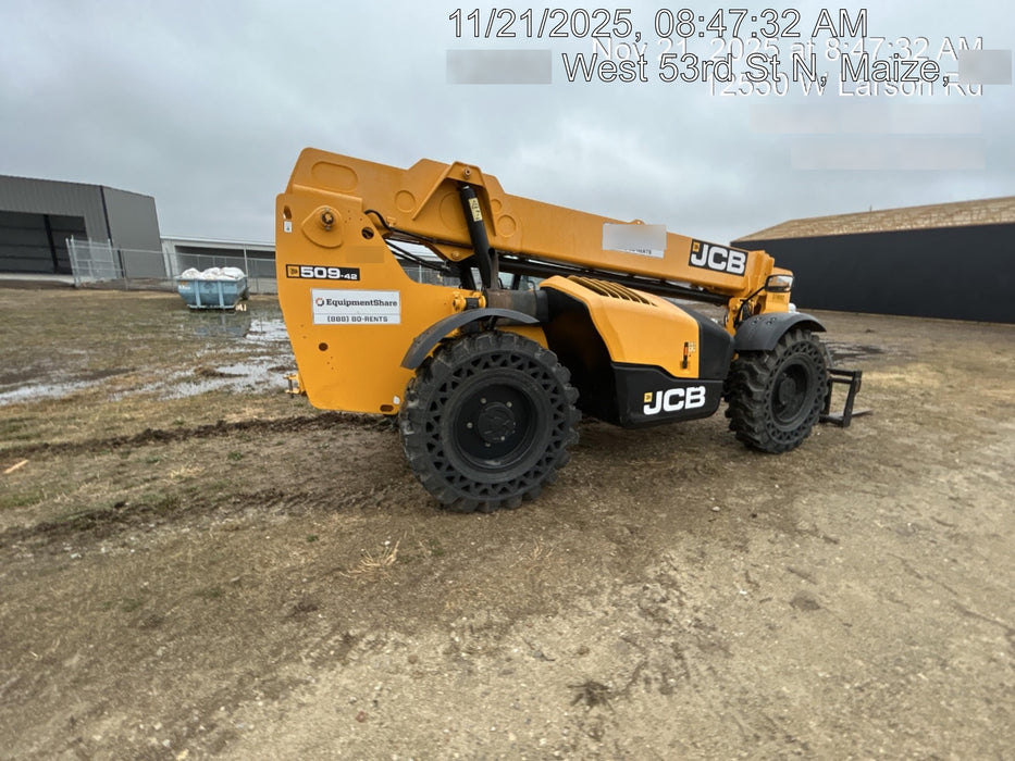 2019 JCB 509-42 74 HP w/Open ROPS, Beacon, Aux Hydraulics, LED Work lights, Solid Tires 66" Carriage/60" Forks