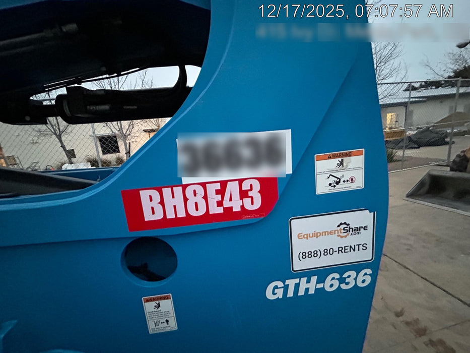 2019 Genie GTH-636 Canopy, Solid RT Tires, LED Work Lights, Beacon 60" QA Carriage, 48" Forks