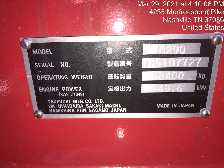 2020 Takeuchi TB290C Cab/Heat/Air, Rubber Tracks, Manual TAG QC