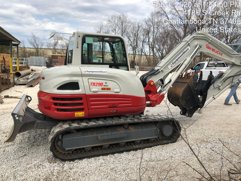 2019 Takeuchi TB290 Cab, AC, Rubber Tracks, Dozer Blade, Travel Alarm, Control Pattern Change Valve, Auxiliary Hydraulics w/18" Quick Coupler Bucket with teeth, 6.2 cu. ft. capacity/24" Quick Coupler Bucket with teeth, 8.6 cu. ft. capacity/36" Quick Coupler Bucket with teeth, 13.4 cu. ft. capacity, Quick Coupler, Hydraulic Thumb Installed