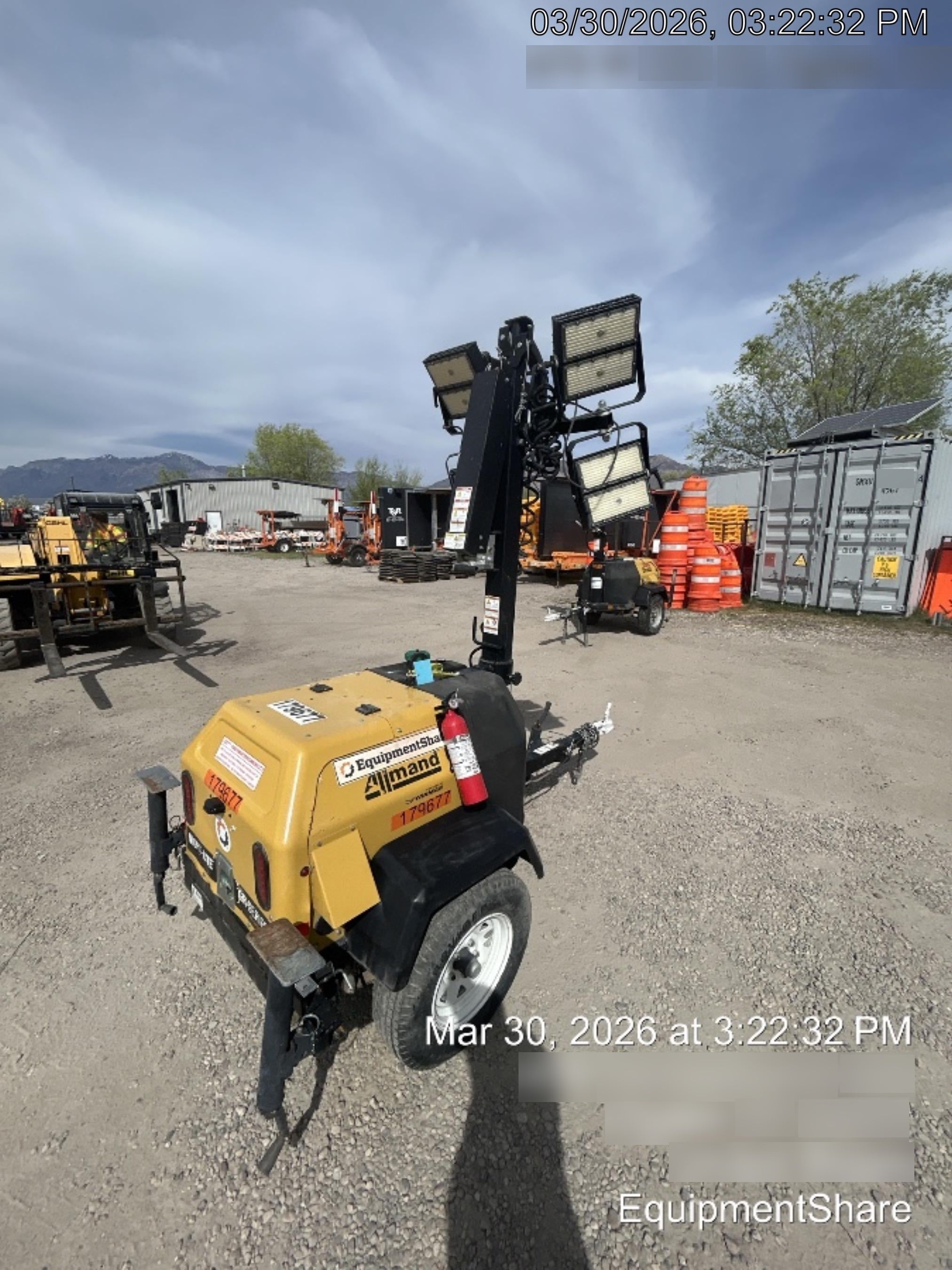 Allmand NLV3GR (4) LED Light Fixture 350W, 23' Vertical Mast, 3kW Prime, Towable, Deep Sea L401, Leveling Jacks, Yanmar T4F 5.8hp