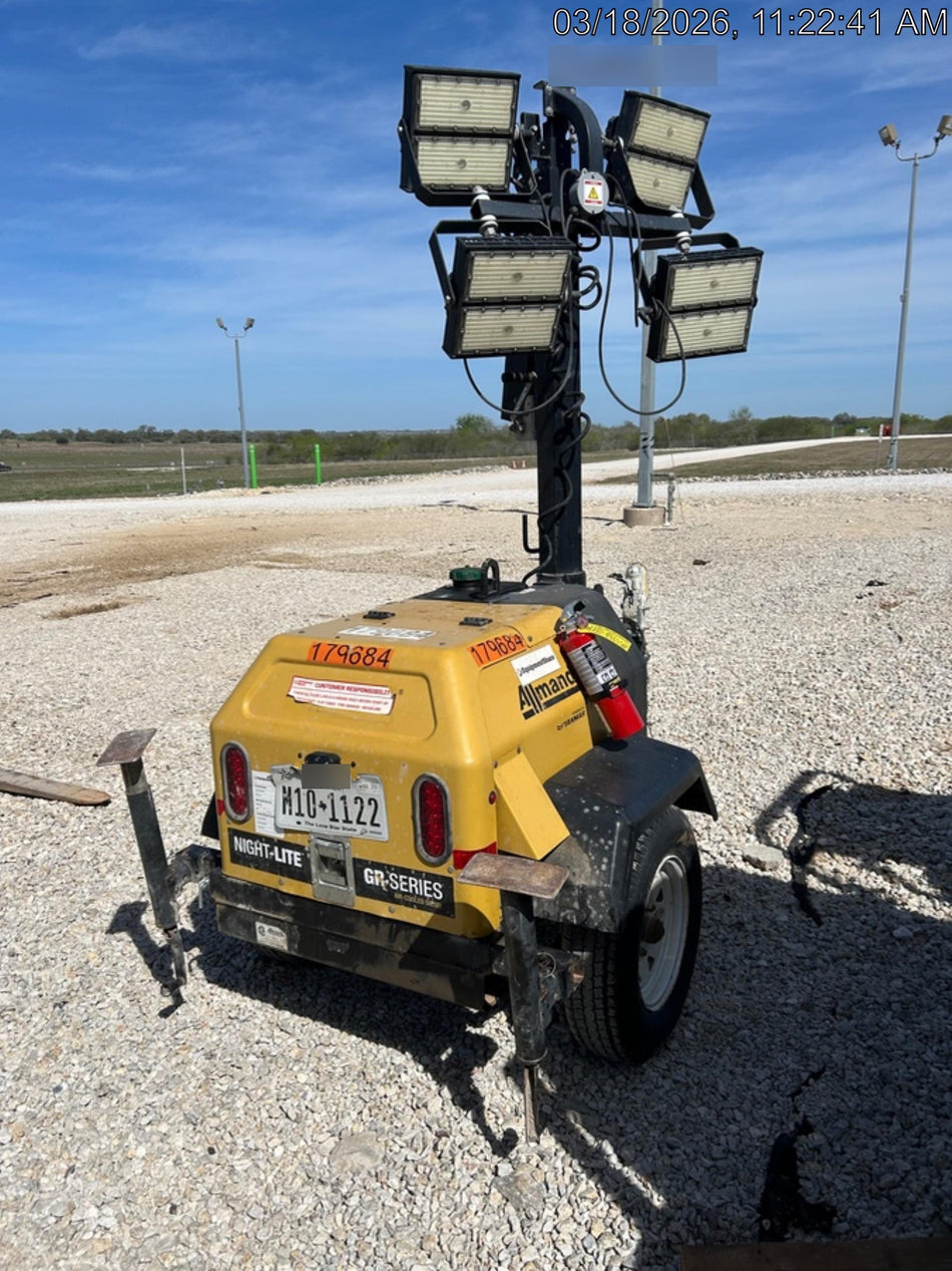Allmand NLV3GR (4) LED Light Fixture 350W, 23' Vertical Mast, 3kW Prime, Towable, Deep Sea L401, Leveling Jacks, Yanmar T4F 5.8hp
