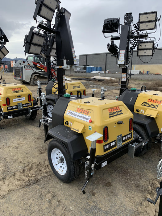 2021 Allmand NLV3GR (4) LED Light Fixture 350W, 23' Vertical Mast, 3kW Prime, Towable, Deep Sea L401, Leveling Jacks, Yanmar T4F 5.8hp