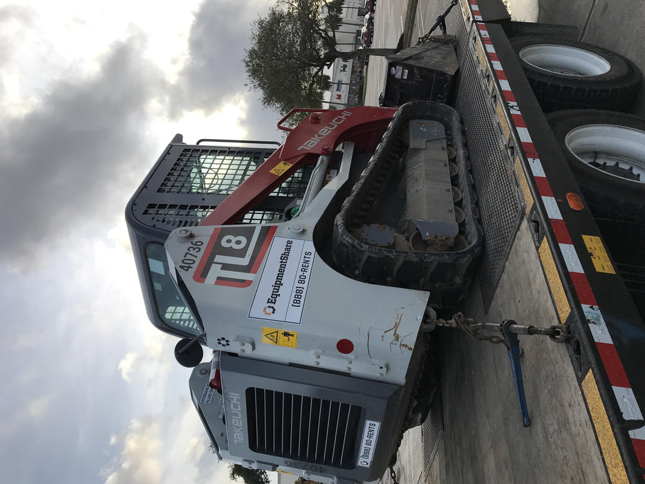 2019 Takeuchi TL8 Cab, Heat/AC, Defroster, 15" Wide Rubber Tracks, Back-up Alarm, Front & Rear Working Lights, Auxiliary Hydraulics, Two-Speed Travel, Electronic Monitoring System, Hydraulic Universal Quick Hitch 76" HD Smooth Dirt Bucket with Bolt-On Edge, 20.3 cubic feet Capacity