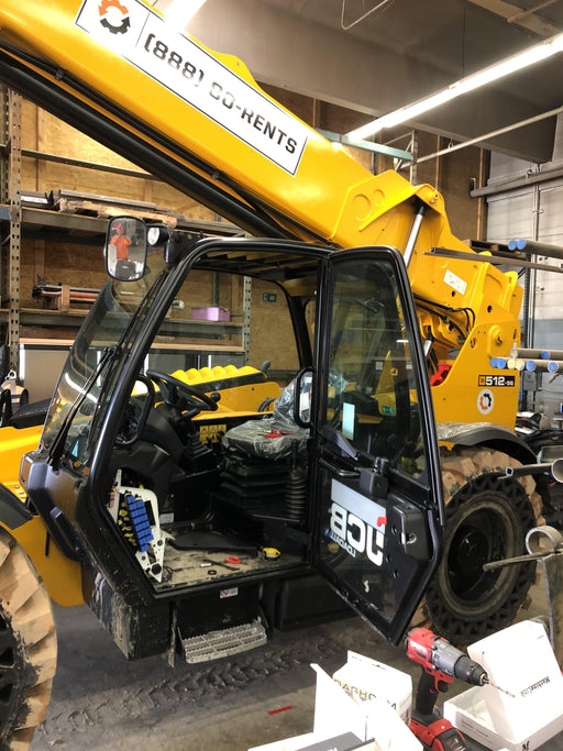 2019 JCB 512-56 Enclosed Cab, 109 HP, Solid Tires, Worklights, Beacon, Aux Hydraulics, Lifting Eye w/66" Carriage/60" Forks