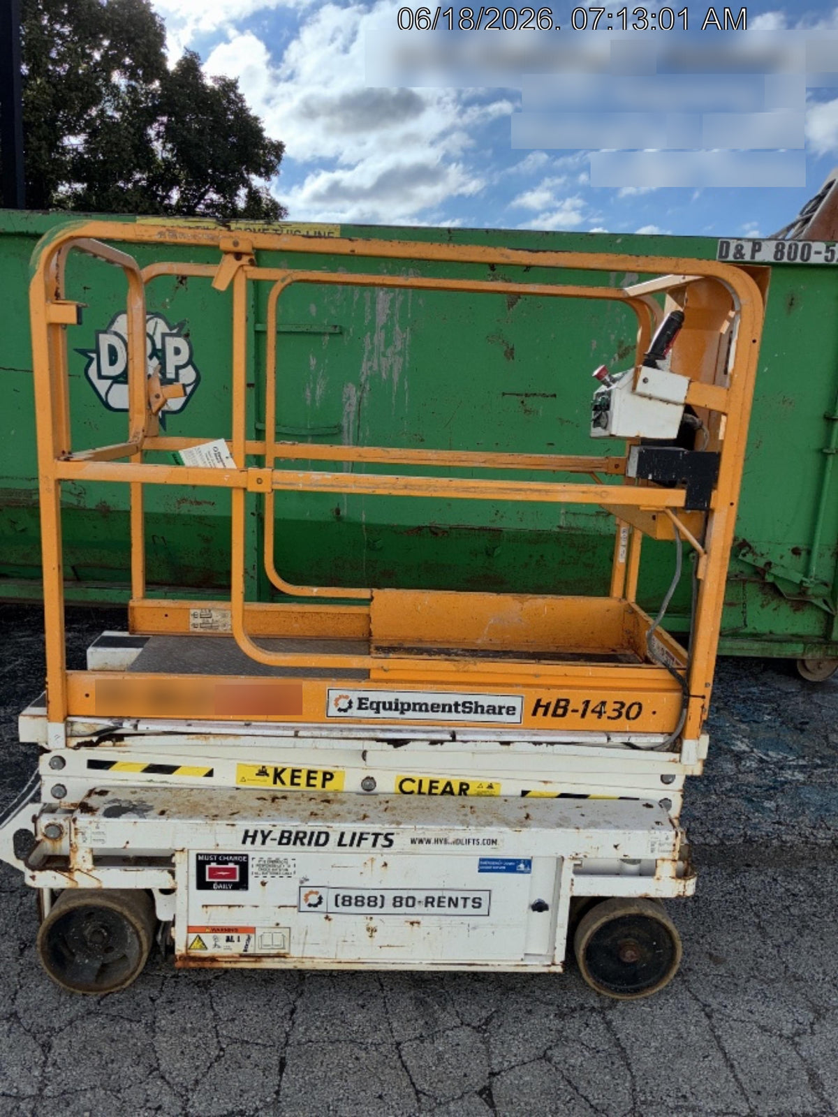 Custom Equipment HB-1430 <ul>
 <li>Hy-Brid Scissor Lift</li>
  <li>Platform capacity up to 670 lbs.</li>
  <li>Working height up to 20 ft</li>
  <li>Weighs under 1,700 lbs.</li>
  <li>Non-marking wheels </li>
</ul>