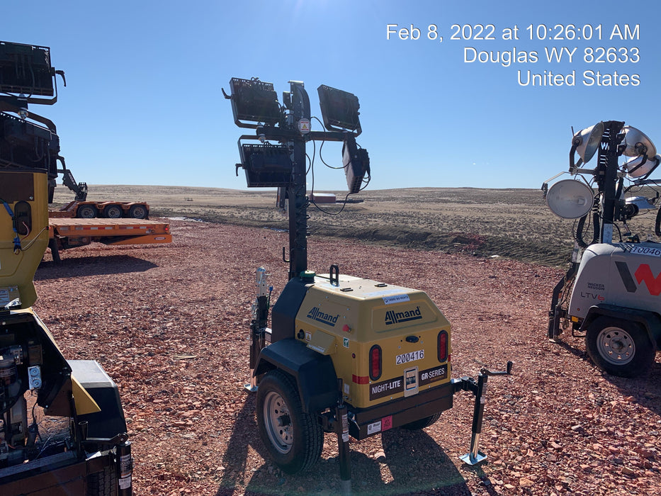 2022 Allmand NLV3GR (4) LED Light Fixture 350W, 23' Vertical Mast, 3kW Prime, Towable, Deep Sea L401, Leveling Jacks, Yanmar T4F 5.8hp