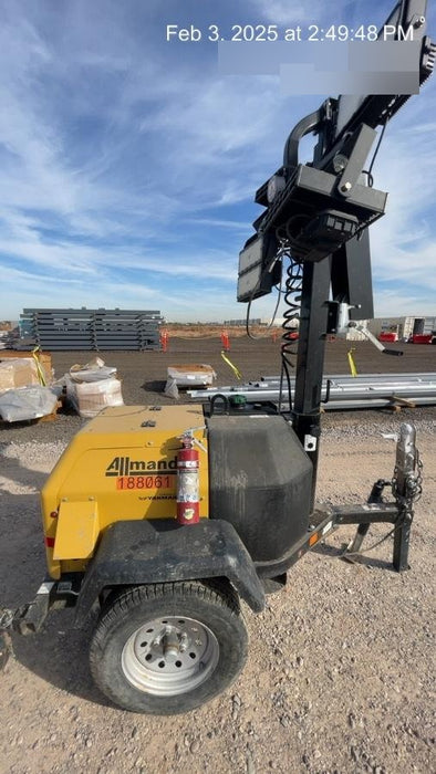 Allmand NLV3GR (4) LED Light Fixture 350W, 23' Vertical Mast, 3kW Prime, Towable, Deep Sea L401, Leveling Jacks, Yanmar T4F 5.8hp
