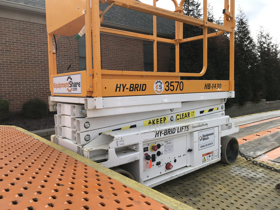 Custom Equipment HB-1430 Hy-Brid Scissor Lift
Platform capacity up to 670 lbs
Working height up to 20 ft
Weighs under 1,700 lbs
Non-marking wheels