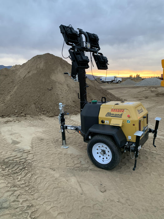 2021 Allmand NLV3GR (4) LED Light Fixture 350W, 23' Vertical Mast, 3kW Prime, Towable, Deep Sea L401, Leveling Jacks, Yanmar T4F 5.8hp