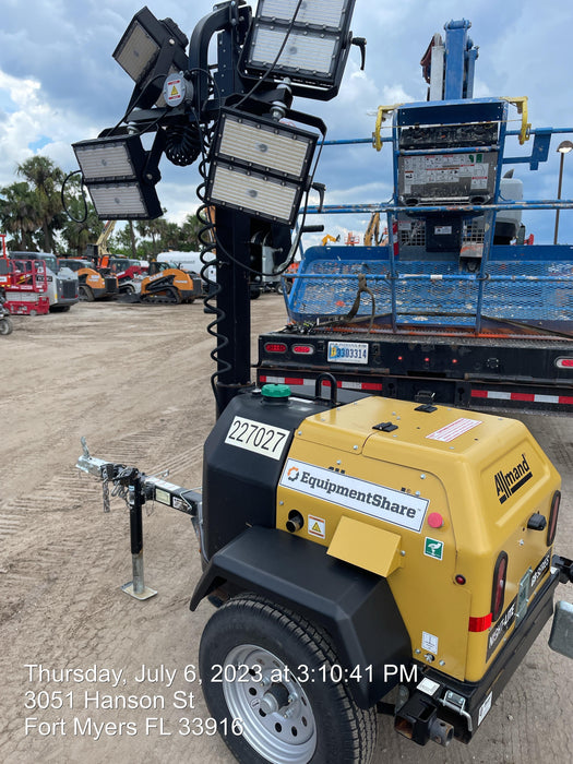 2022 Allmand NLV3GR (4) LED Light Fixture 350W, 23' Vertical Mast, 3kW Prime, Towable, Deep Sea L401, Leveling Jacks, Yanmar T4F 5.8hp