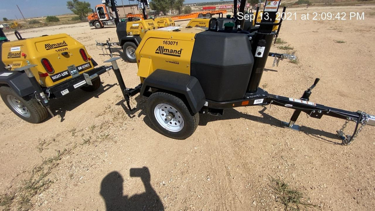 2021 Allmand NLV3GR (4) LED Light Fixture 350W, 23' Vertical Mast, 3kW Prime, Towable, Deep Sea L401, Leveling Jacks, Yanmar T4F 5.8hp