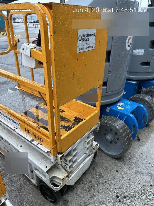 Custom Equipment HB-1430 <ul>
 <li>Hy-Brid Scissor Lift</li>
  <li>Platform capacity up to 670 lbs.</li>
  <li>Working height up to 20 ft</li>
  <li>Weighs under 1,700 lbs.</li>
  <li>Non-marking wheels </li>
</ul>