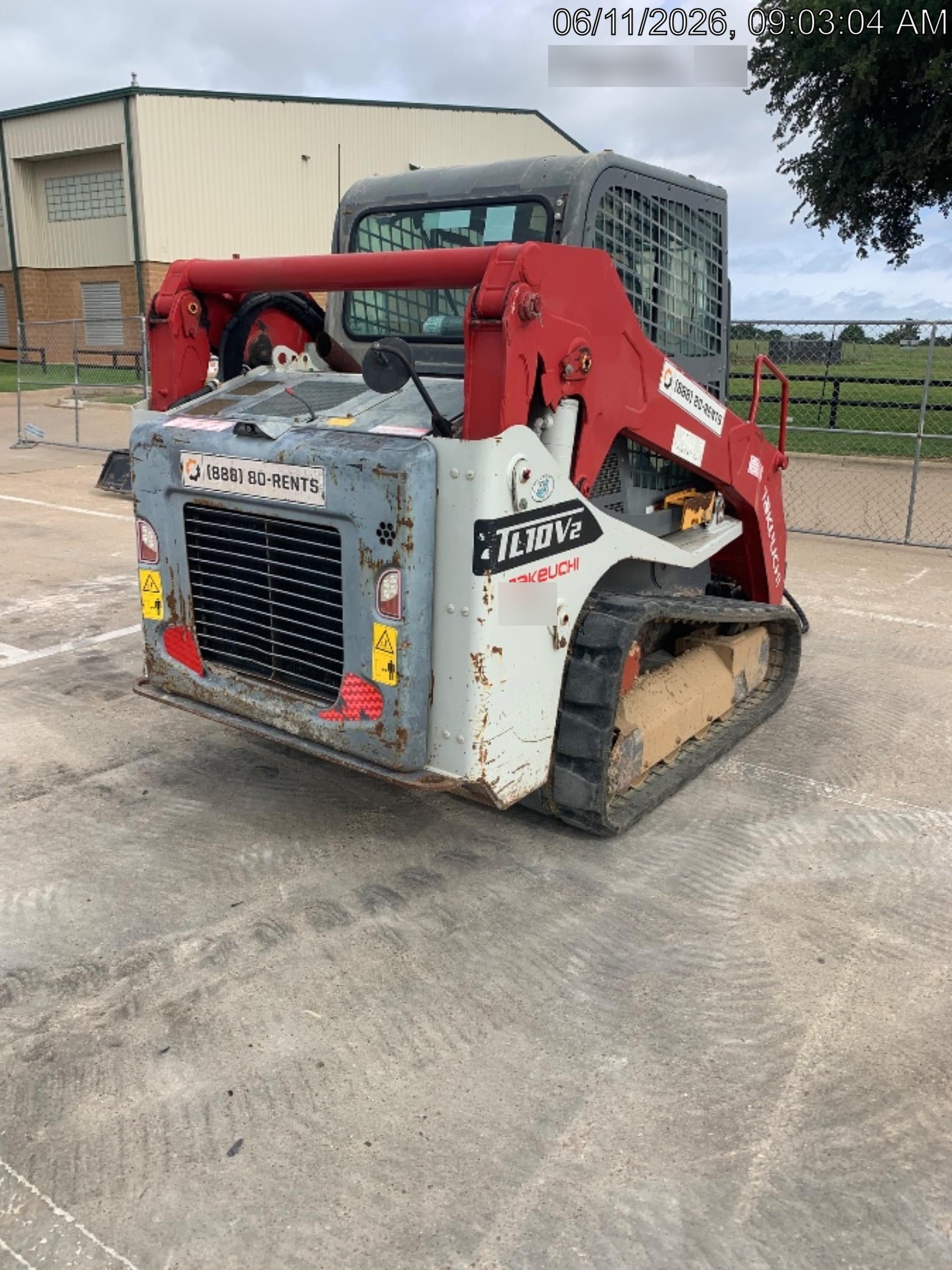 2019 Takeuchi TL10V2-CR Cab/Heat/AC, Rubber Tracks, Backup Alarm, Front & rear working Lights, Auxiliary Hydraulics, 2 Speed Travel, Engine Monitoring System, Hydraulic universal quick hitch w/76" HD smooth dirt bucket with bolt-on edge, 20.3 cubic feet capacity, 48" Pallet forks and frame