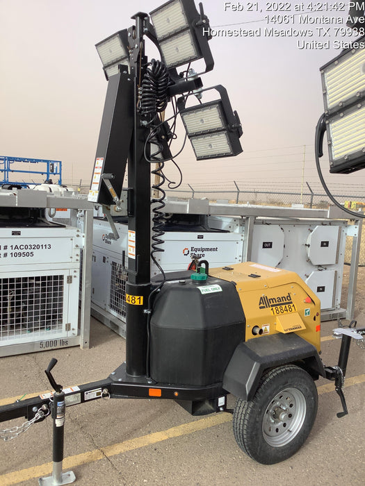 Allmand NLV3GR (4) LED Light Fixture 350W, 23' Vertical Mast, 3kW Prime, Towable, Deep Sea L401, Leveling Jacks, Yanmar T4F 5.8hp