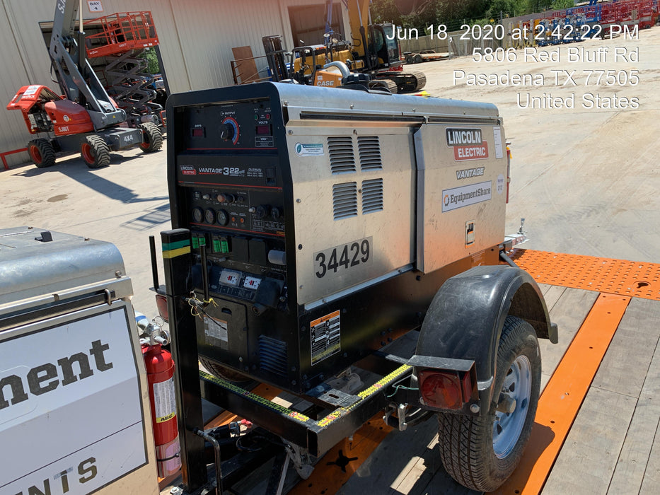 2019 Lincoln Electric Vantage 322 Welder Ready-Pak 3, Two wheel trailer, Fender and Light kit, Cable Rack