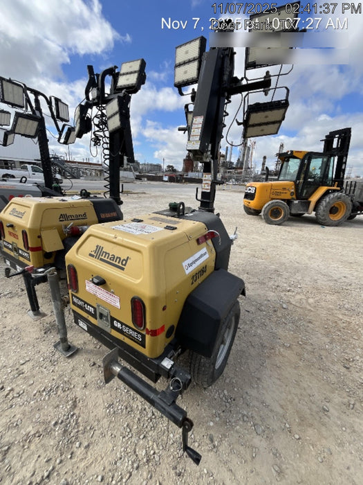 2022 Allmand NLV3GR (4) LED Light Fixture 350W, 23' Vertical Mast, 3kW Prime, Towable, Deep Sea L401, Leveling Jacks, Yanmar T4F 5.8hp