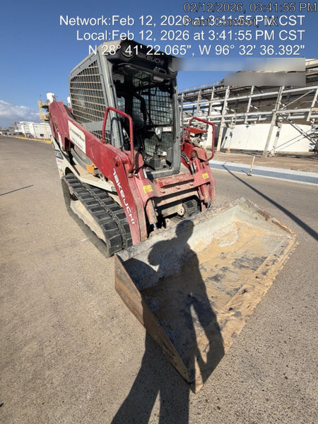 2019 Takeuchi TL10V2-CR Cab/Heat/AC, Rubber Tracks, Backup Alarm, Front & rear working Lights, Auxiliary Hydraulics, 2 Speed Travel, Engine Monitoring System, Hydraulic universal quick hitch w/76" HD smooth dirt bucket with bolt-on edge, 20.3 cubic feet capacity, 48" Pallet forks and frame