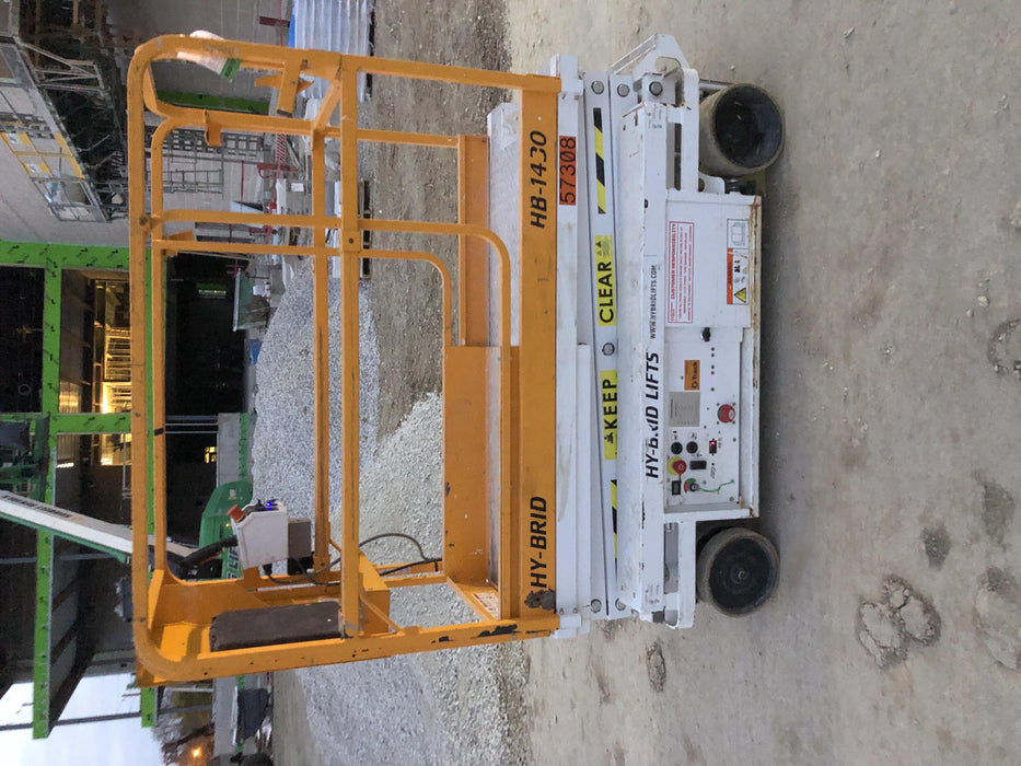 Custom Equipment HB-1430 Hy-Brid Scissor Lift
Platform capacity up to 670 lbs
Working height up to 20 ft
Weighs under 1,700 lbs
Non-marking wheels