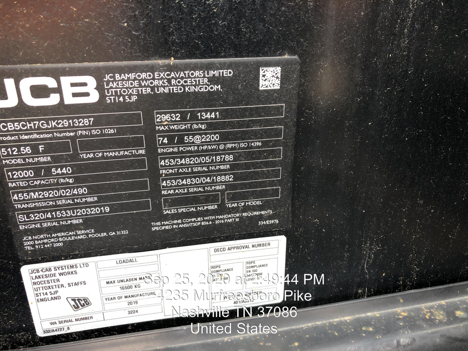 2020 JCB 512-56 Canopy, 74Hp, Solid Tires, Work Lights, Beacon, Aux Hydraulics, Back up Alarm, Lifting Eye, ES Decals