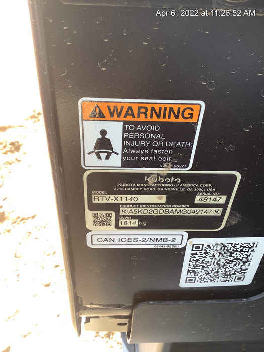 2022 Kubota RTV-X1140W-H Plastic Canopy, Windshield Acrylic Clear, LED Strobe Light, Wire Harness Kit, Back up Alarm