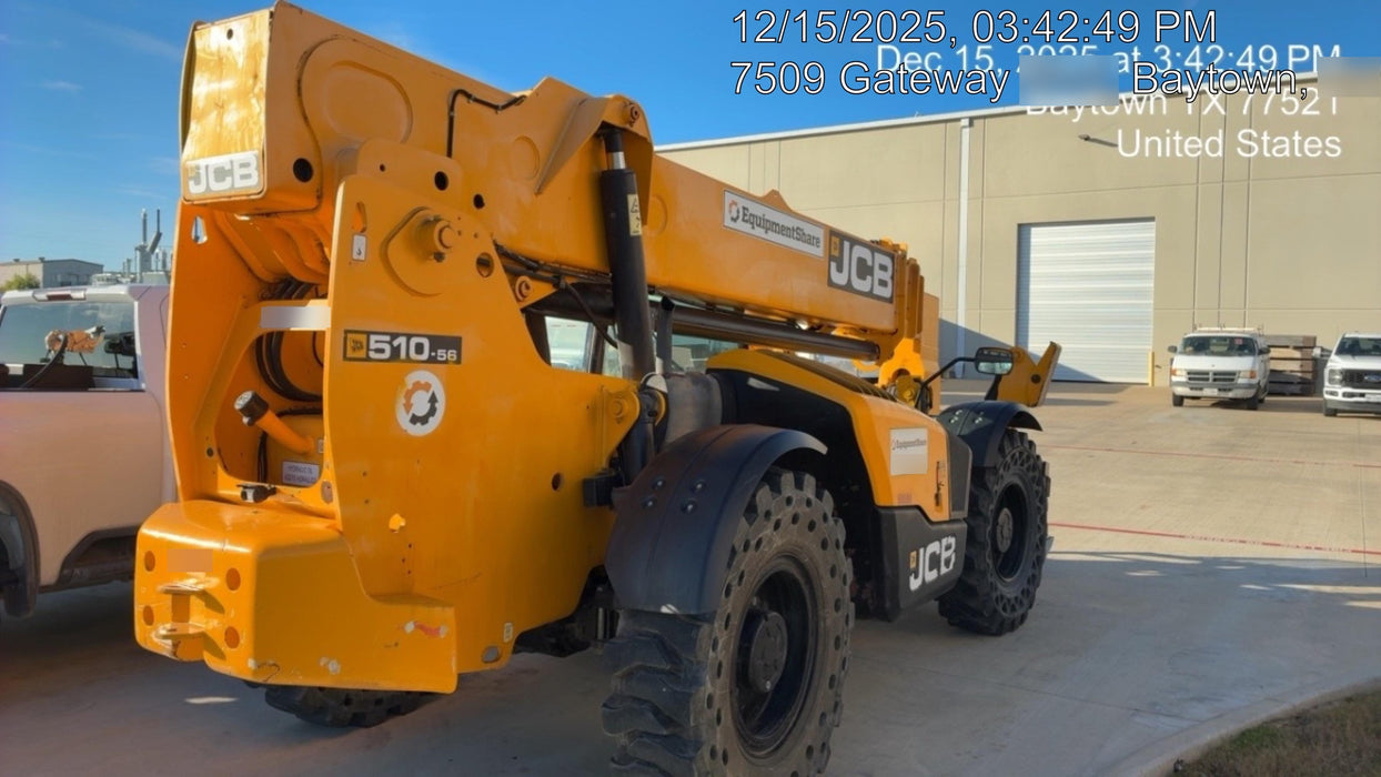 2020 JCB 510-56 Cab/Heat/Air, 74 HP, Solid Tires, STD Worklight, Beacon, Aux Hydraulics, Lifting Eye, Back up Alarm w/66" Carriage/60" Forks