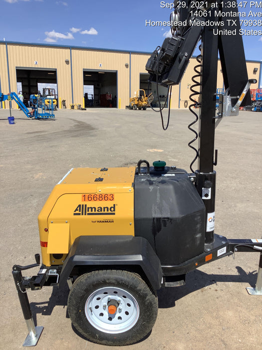 2021 Allmand NLV3GR (4) LED Light Fixture 350W, 23' Vertical Mast, 3kW Prime, Towable, Deep Sea L401, Leveling Jacks, Yanmar T4F 5.8hp