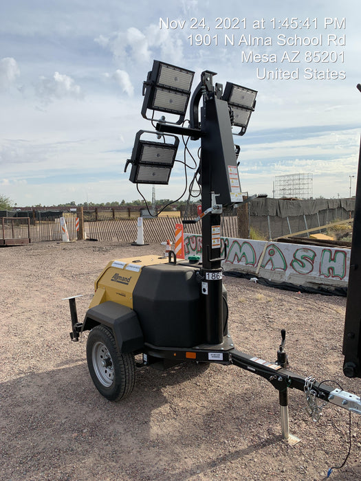 Allmand NLV3GR (4) LED Light Fixture 350W, 23' Vertical Mast, 3kW Prime, Towable, Deep Sea L401, Leveling Jacks, Yanmar T4F 5.8hp