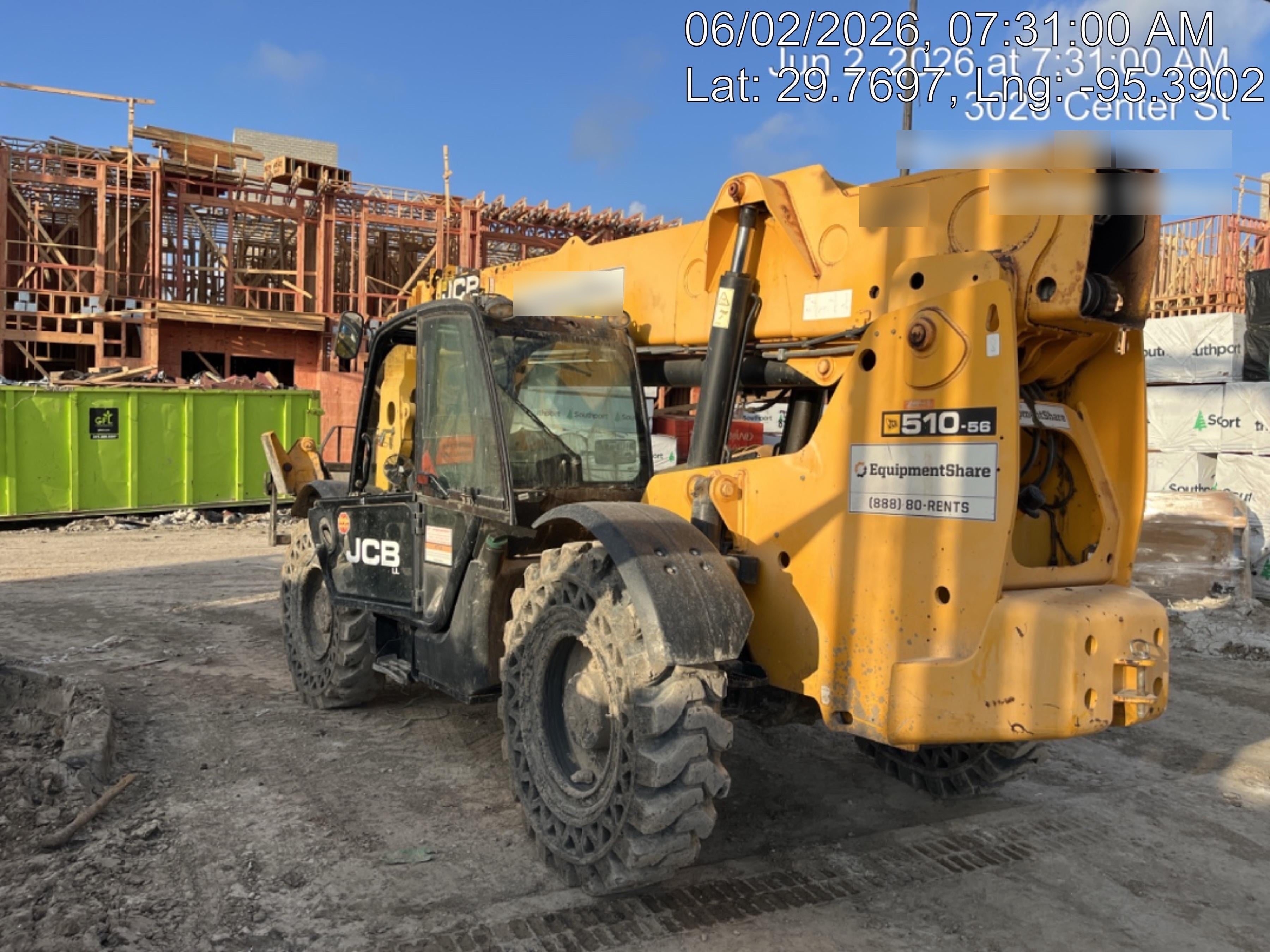 2018 JCB 510-56 JCB 510-56 Telehandler 74 HP w/CAB/HVAC, Beacon, Worklights, Aux Hydraulics, Solid Tires, 60" Carriage/Forks