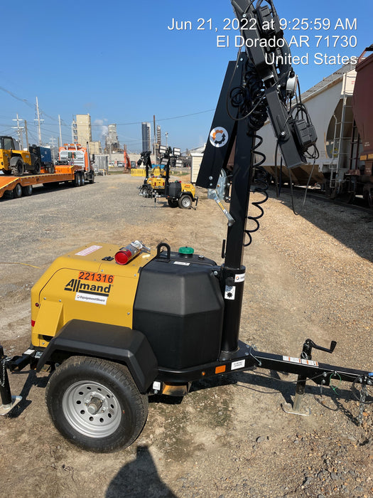 2022 Allmand NLV3GR (4) LED Light Fixture 350W, 23' Vertical Mast, 3kW Prime, Towable, Deep Sea L401, Leveling Jacks, Yanmar T4F 5.8hp