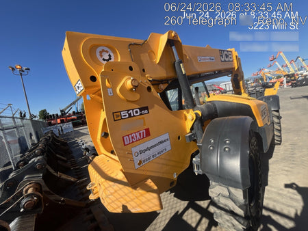 2019 JCB 510-56 74 HP w/Open ROPS, Beacon, Aux Hydraulics, Worklights, Solid Tires w/60" Carriage/Forks