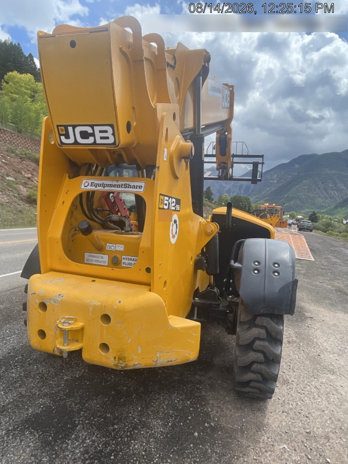 2019 JCB 512-56 Enclosed Cab, 109 HP, Solid Tires, Worklights, Beacon, Aux Hydraulics, Lifting Eye w/66" Carriage/60" Forks