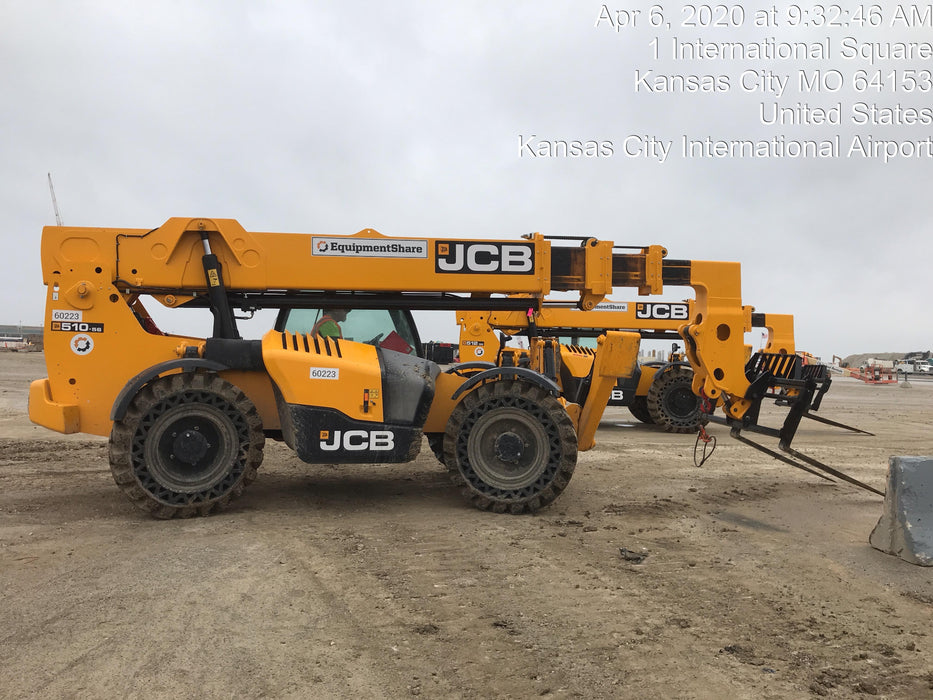 2020 JCB 510-56 Cab/Heat/Air, 74 HP, Solid Tires, STD Worklight, Beacon, Aux Hydraulics, Lifting Eye, Back up Alarm w/66" Carriage/60" Forks