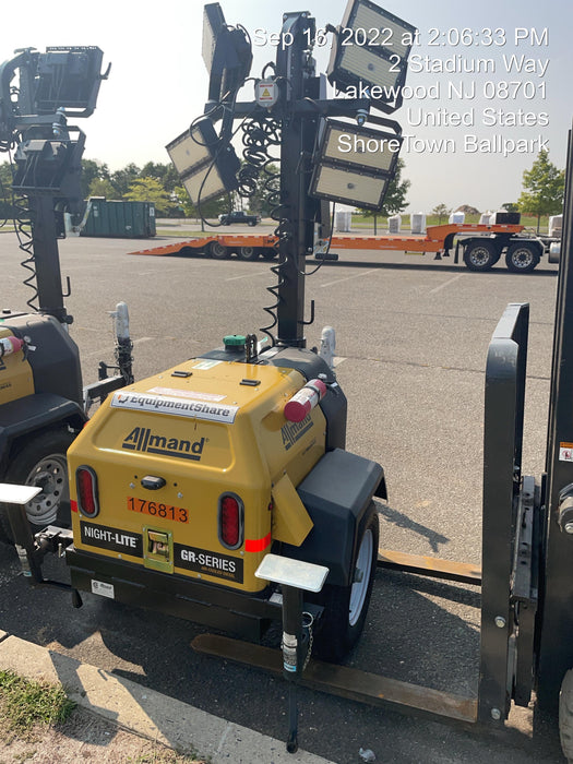 Allmand NLV3GR (4) LED Light Fixture 350W, 23' Vertical Mast, 3kW Prime, Towable, Deep Sea L401, Leveling Jacks, Yanmar T4F 5.8hp