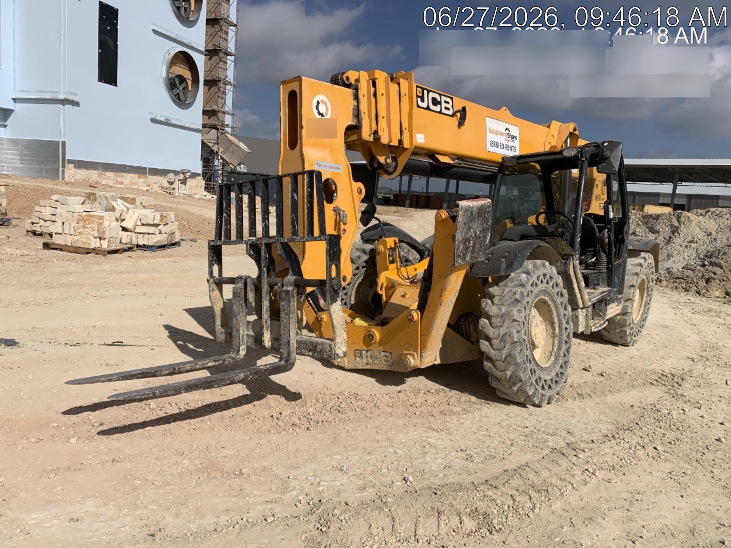 2019 JCB 510-56 74 HP w/Open ROPS, Beacon, Aux Hydraulics, Worklights, Solid Tires w/60" Carriage/Forks