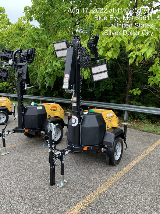 2022 Allmand NLV3GR (4) LED Light Fixture 350W, 23' Vertical Mast, 3kW Prime, Towable, Deep Sea L401, Leveling Jacks, Yanmar T4F 5.8hp