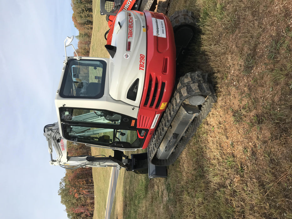 2019 Takeuchi TB290 Cab, AC, Rubber Tracks, Dozer Blade, Travel Alarm, Control Pattern Change Valve, Auxiliary Hydraulics w/18" Quick Coupler Bucket with teeth, 6.2 cu. ft. capacity/24" Quick Coupler Bucket with teeth, 8.6 cu. ft. capacity/36" Quick Coupler Bucket with teeth, 13.4 cu. ft. capacity, Quick Coupler, Hydraulic Thumb Installed