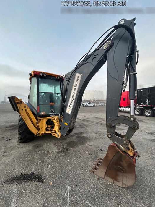 2019 John Deere 410L 4WD, CAB/HVAC, Standard Dipperstick, ISO Controls, Rear Aux Hydraulics, Manual QC w/1.5 Yd Bucket w/Forks, 24" Bucket