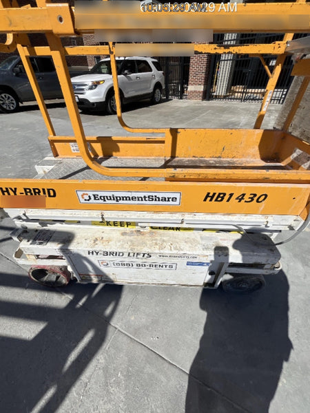 Custom Equipment HB-1430 <ul>
 <li>Hy-Brid Scissor Lift</li>
  <li>Platform capacity up to 670 lbs.</li>
  <li>Working height up to 20 ft</li>
  <li>Weighs under 1,700 lbs.</li>
  <li>Non-marking wheels </li>
</ul>