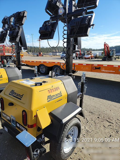 2021 Allmand NLV3GR (4) LED Light Fixture 350W, 23' Vertical Mast, 3kW Prime, Towable, Deep Sea L401, Leveling Jacks, Yanmar T4F 5.8hp