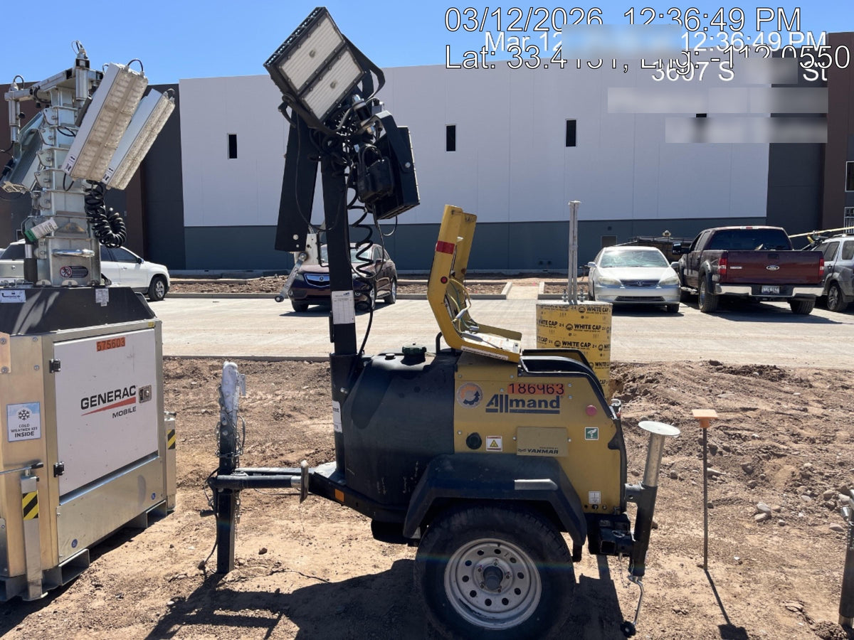 Allmand NLV3GR (4) LED Light Fixture 350W, 23' Vertical Mast, 3kW Prime, Towable, Deep Sea L401, Leveling Jacks, Yanmar T4F 5.8hp