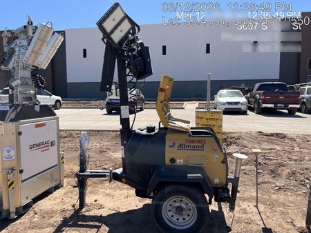 Allmand NLV3GR (4) LED Light Fixture 350W, 23' Vertical Mast, 3kW Prime, Towable, Deep Sea L401, Leveling Jacks, Yanmar T4F 5.8hp