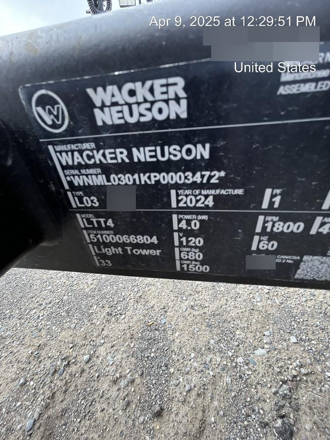 2024 Wacker Neuson LTT4 Diesel, Kohler KDW702, Deep Sea Controller, Auto Start, LED 320W, Bypass Outlet, T3