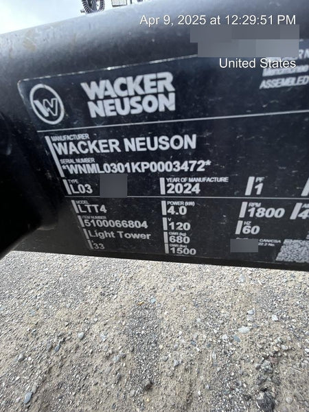 2024 Wacker Neuson LTT4 Diesel, Kohler KDW702, Deep Sea Controller, Auto Start, LED 320W, Bypass Outlet, T3