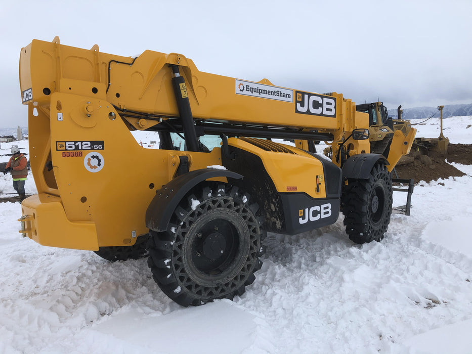 2019 JCB 512-56 Enclosed Cab, 109 HP, Solid Tires, Worklights, Beacon, Aux Hydraulics, Lifting Eye w/66" Carriage/60" Forks