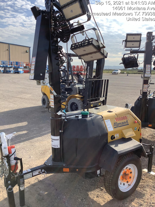 2021 Allmand NLV3GR (4) LED Light Fixture 350W, 23' Vertical Mast, 3kW Prime, Towable, Deep Sea L401, Leveling Jacks, Yanmar T4F 5.8hp