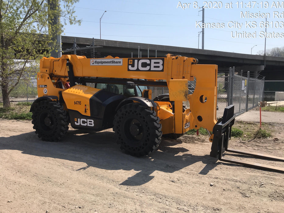 2019 JCB 512-56 Cab/Heat/Air, 109 HP, Solid Tires, STD Worklight, Beacon, Aux Hydraulics, Lifting Eye, Back up Alarm w/66" Carriage/60" Forks