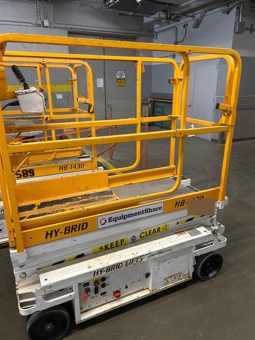 Custom Equipment HB-1430 <ul>
 <li>Hy-Brid Scissor Lift</li>
  <li>Platform capacity up to 670 lbs.</li>
  <li>Working height up to 20 ft</li>
  <li>Weighs under 1,700 lbs.</li>
  <li>Non-marking wheels </li>
</ul>